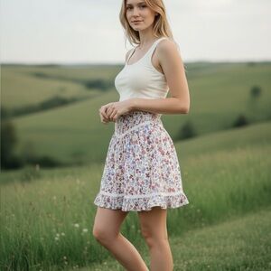 Japna Floral Smocked Mini Skirt Cottagecore Prairie Coquette Ruffle XS NWT